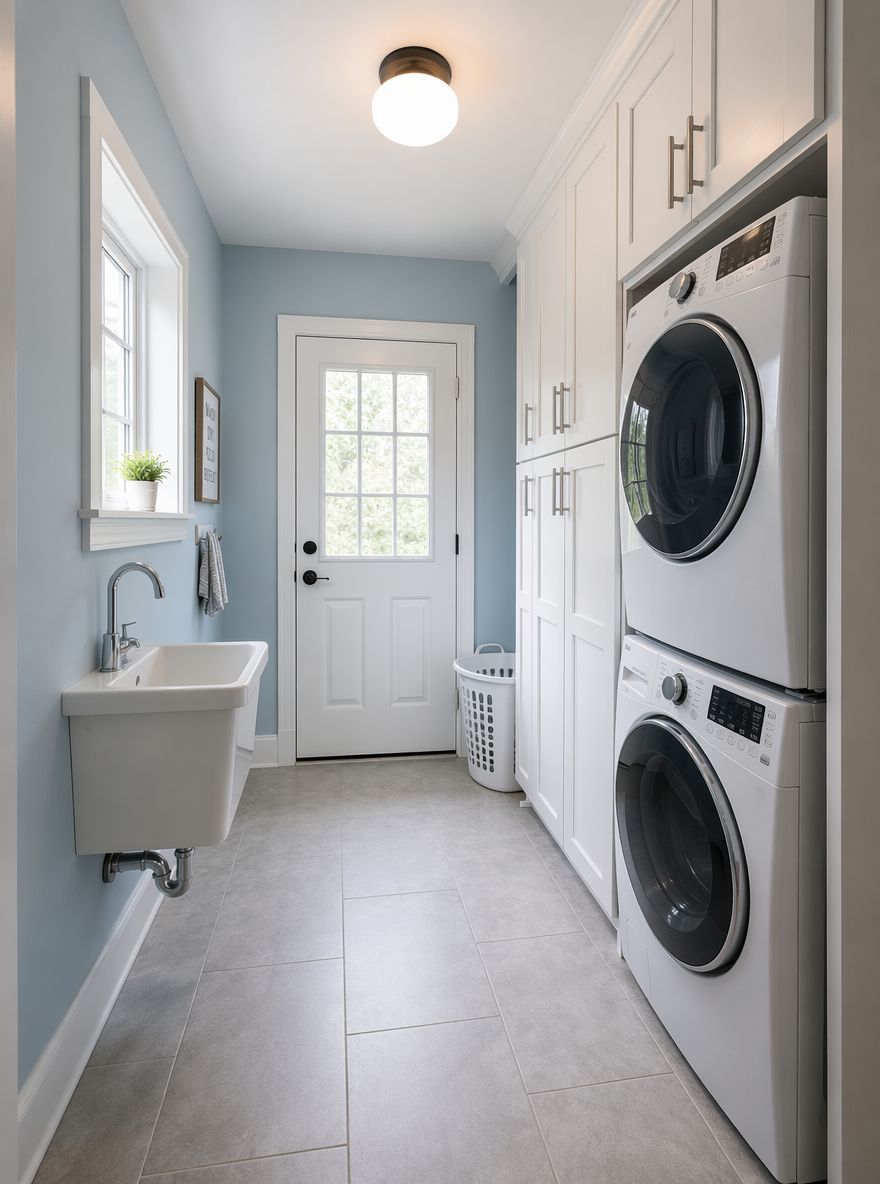 Sky blue walls with white cabinet tower to ceiling