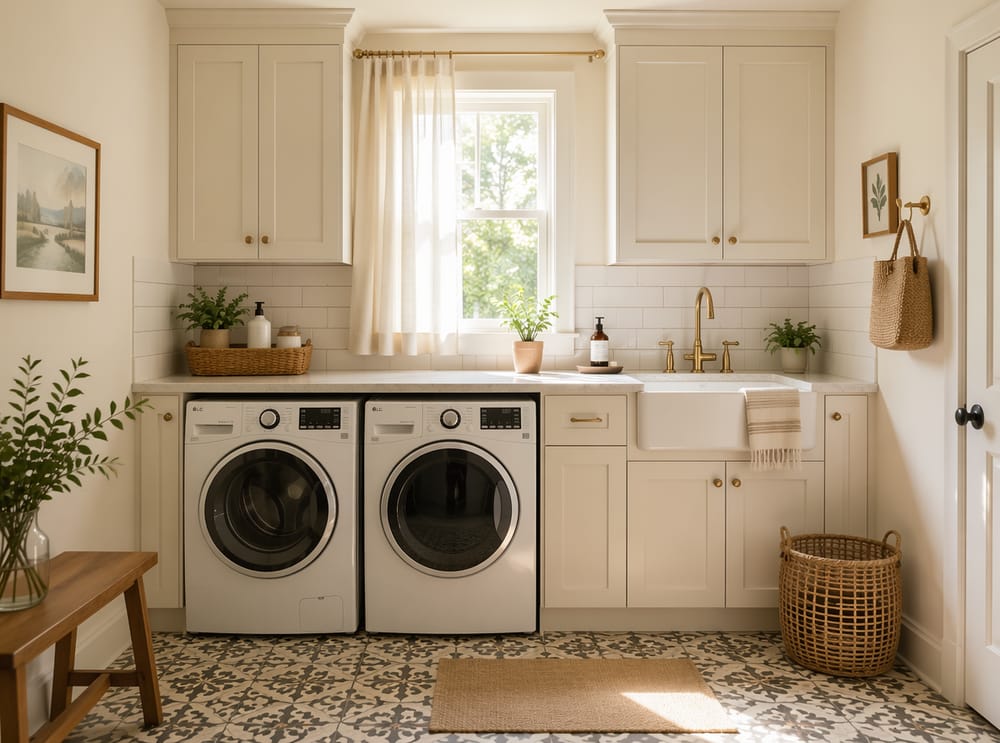 Warm white walls with unlacquered brass fixtures