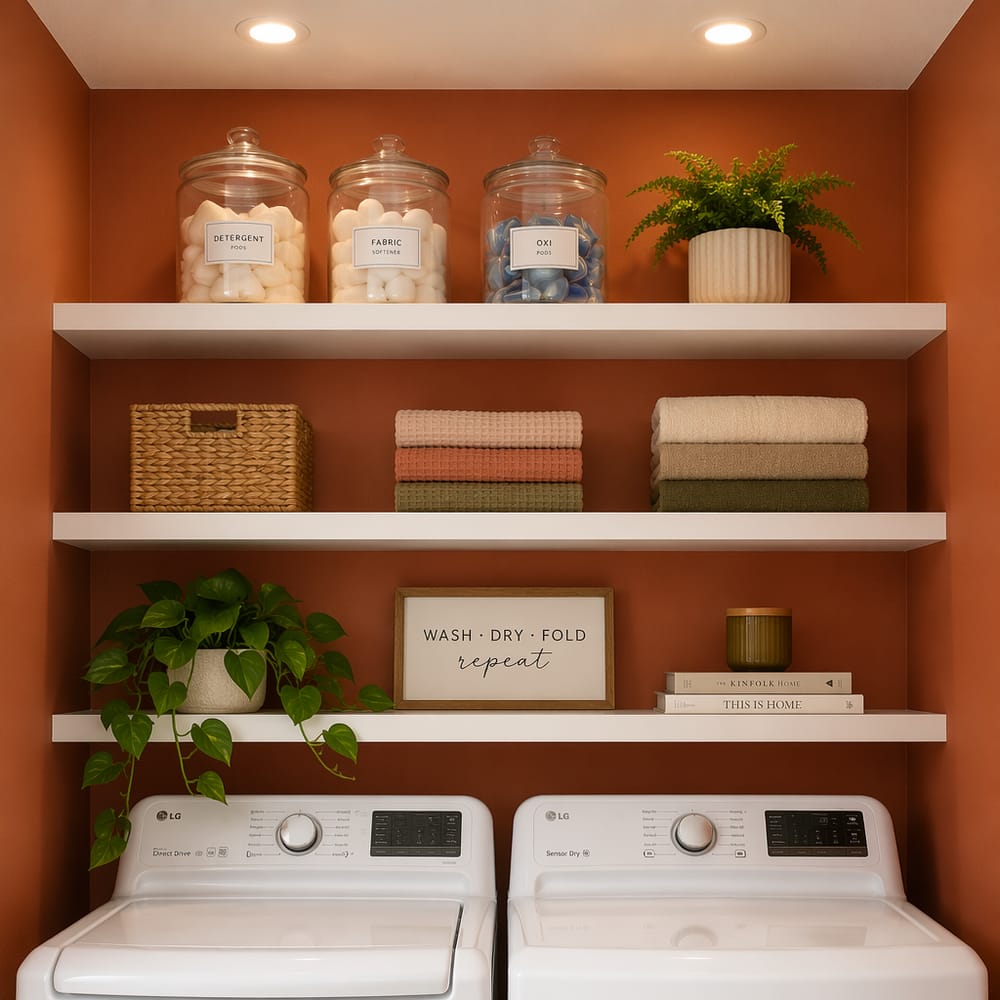 Terracotta wall with symmetrical floating shelves above machines