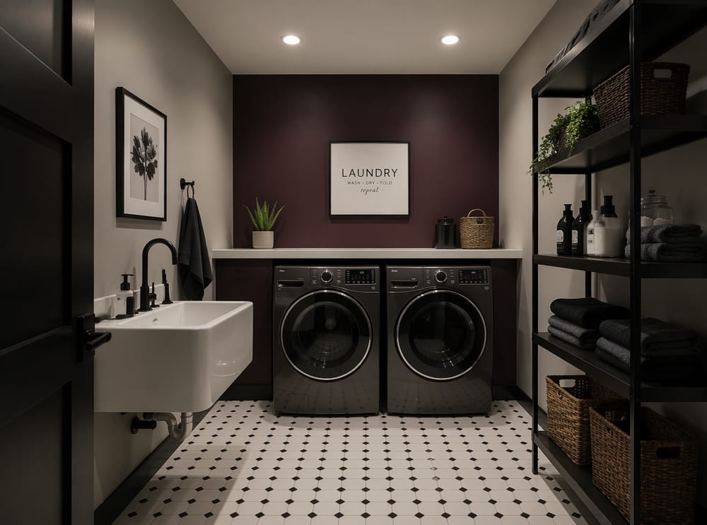 Deep plum accent wall behind front-loading machines