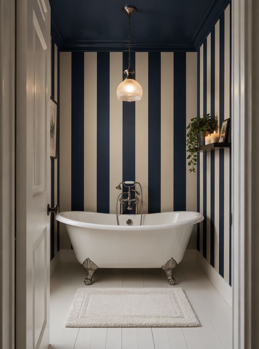 Carta da parati a righe navy estesa sul soffitto