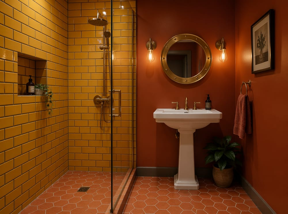 Piastrelle doccia senape su pareti verniciate terracotta