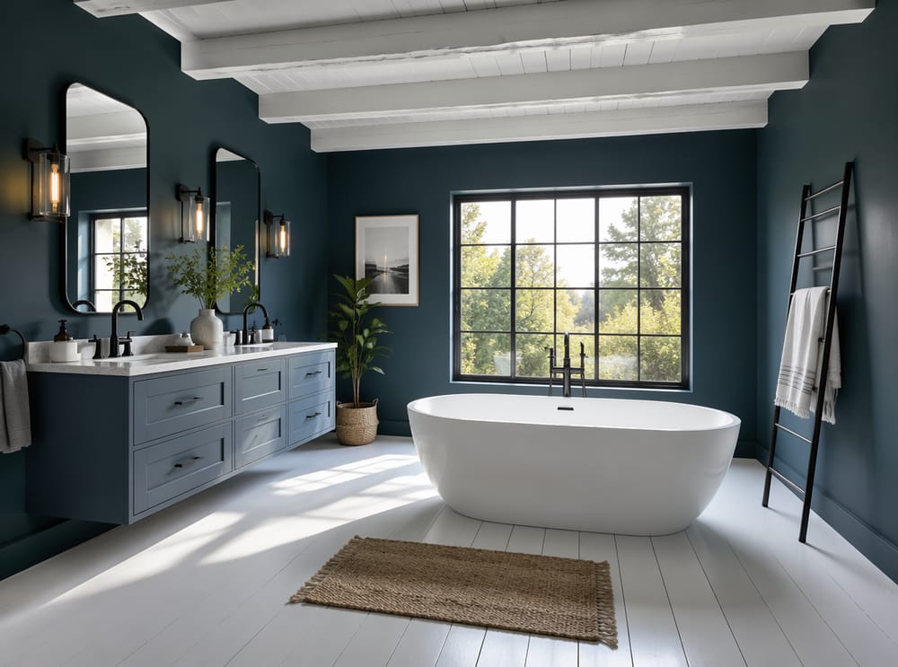 Mobile lavabo blu ardesia e pareti teal con rubinetteria nera