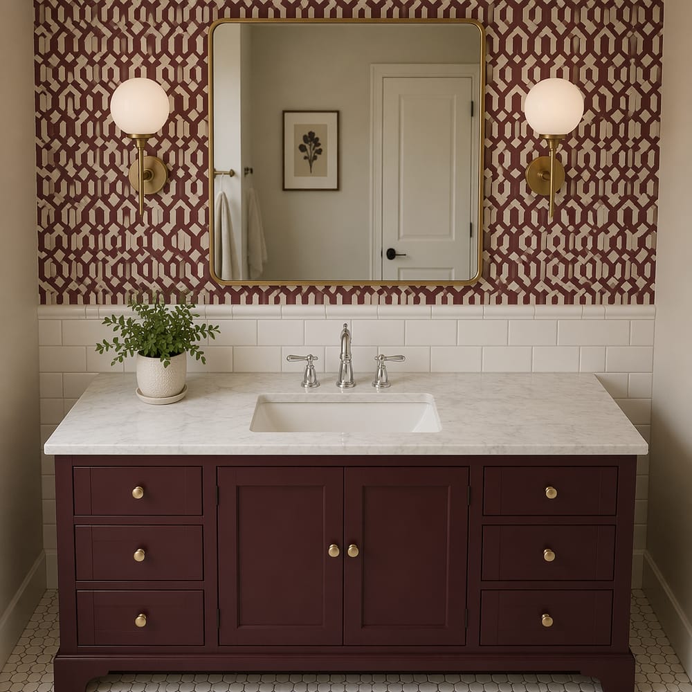 Mobile lavabo bordeaux con specchio incorniciato in ottone