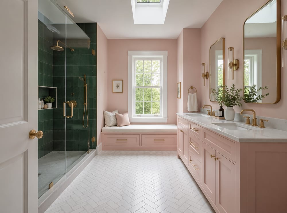 Piastrelle doccia verde bosco accanto a mobile lavabo rosa