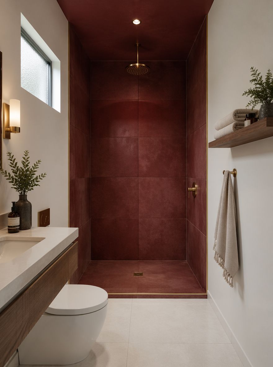 Nicchia doccia bordeaux con dettaglio bordo in ottone