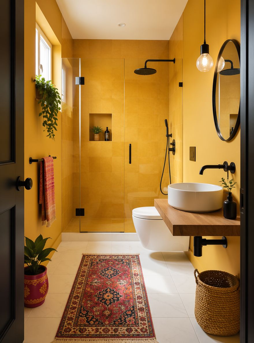 Piastrelle e pareti giallo zafferano coordinate in bagno piccolo