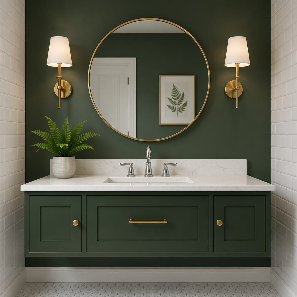 Parete mobile lavabo verde bosco con specchio tondo in ottone