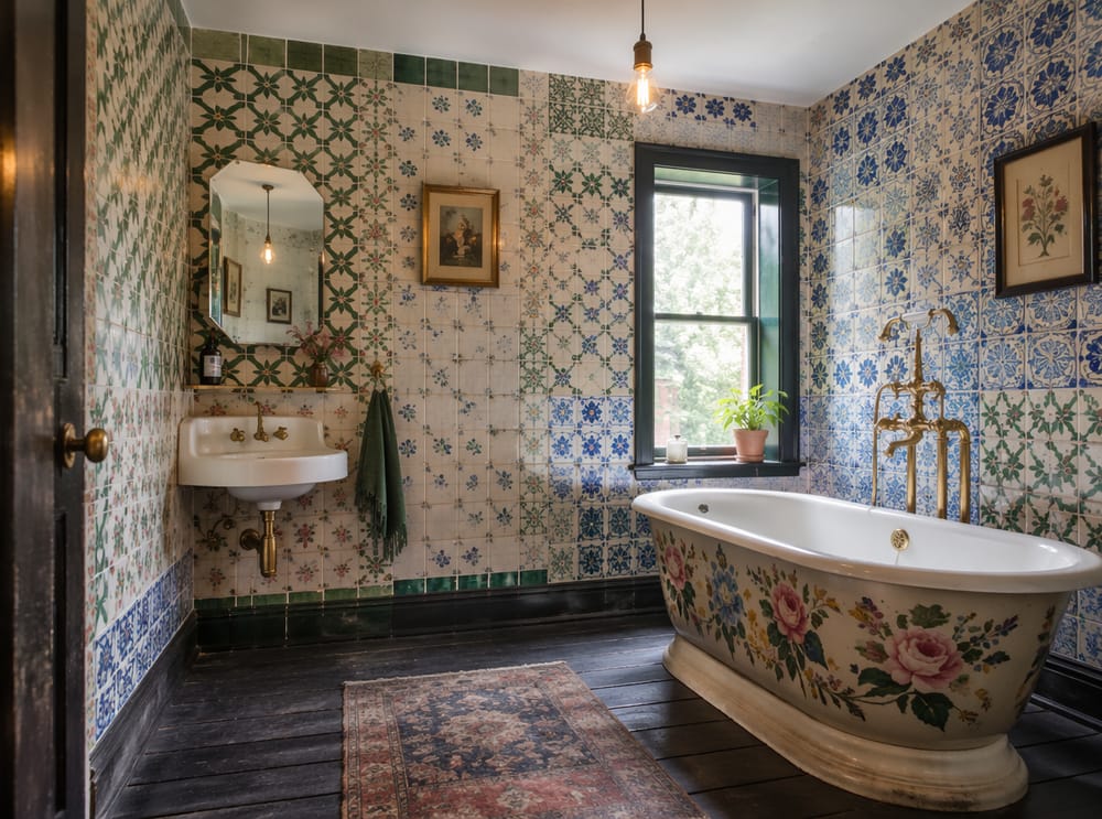 Piastrelle vintage assortite su tutte e quattro le pareti