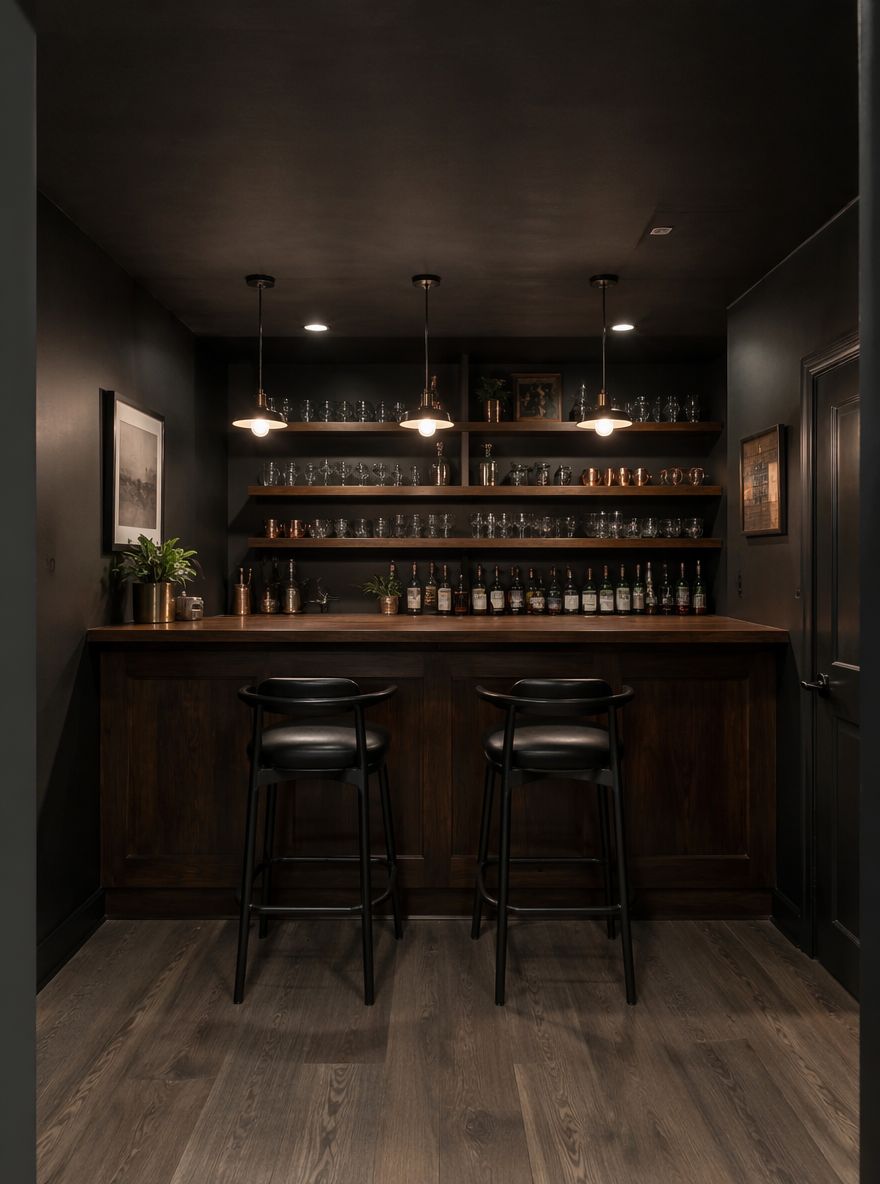 Parete bar nero carbone con bancone in noce