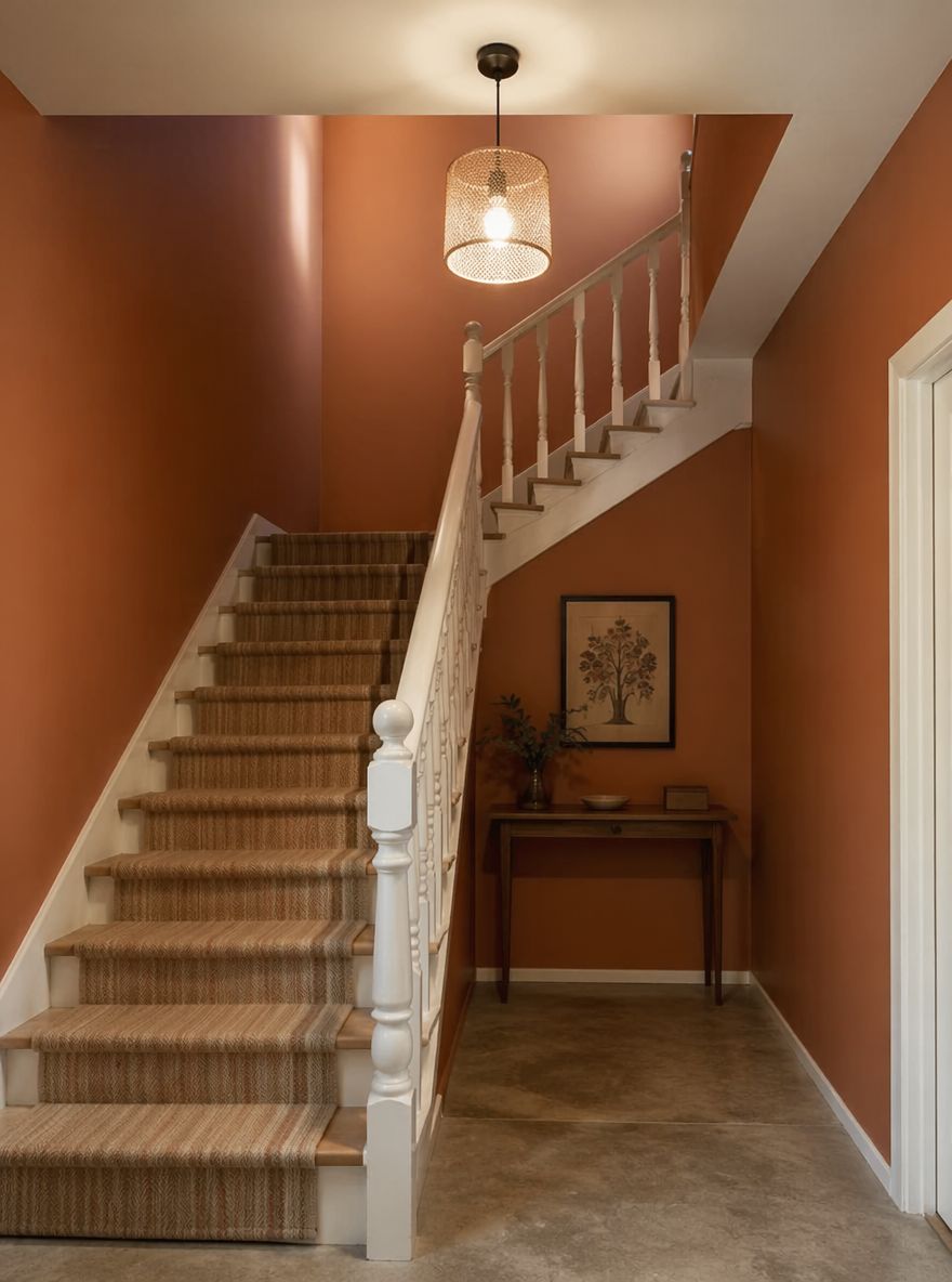 Pareti scala terracotta con balaustre bianche