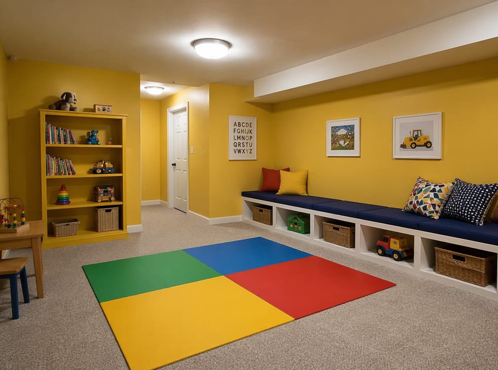 Sala giochi gialla senape con soffitto bianco e cubi