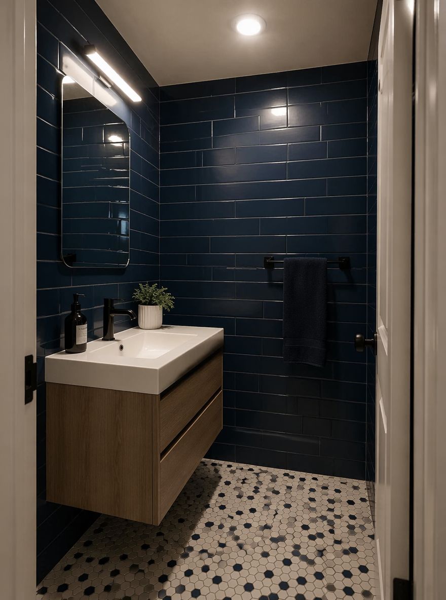 Bagno seminterrato con piastrelle navy e rubinetti neri opachi
