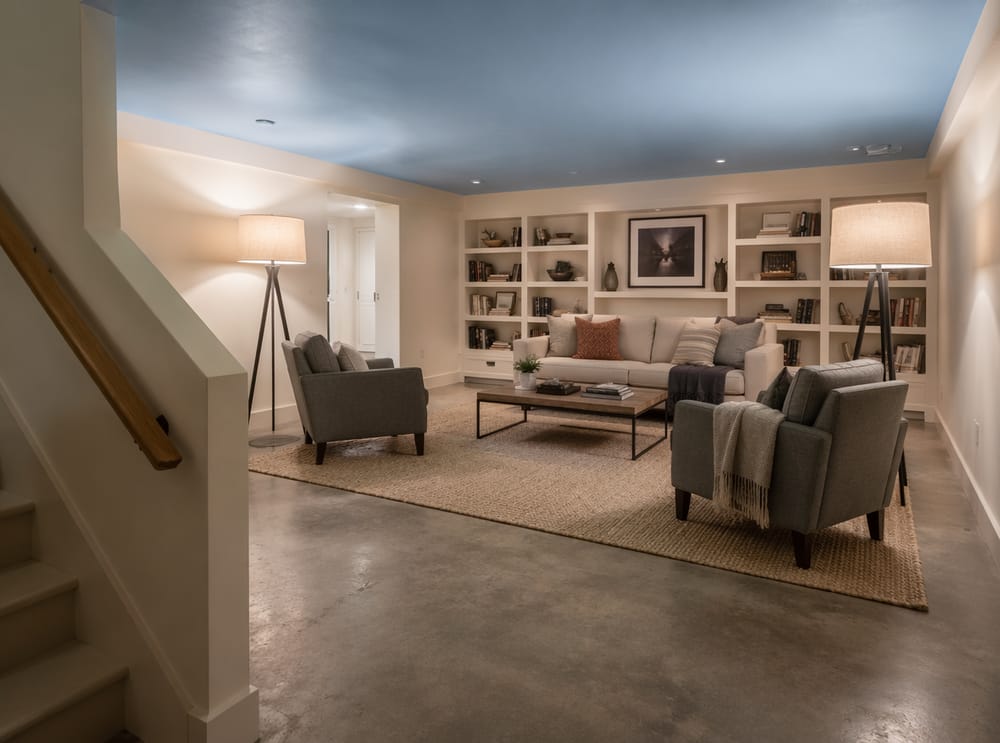 Soffitto azzurro su pareti living bianco caldo