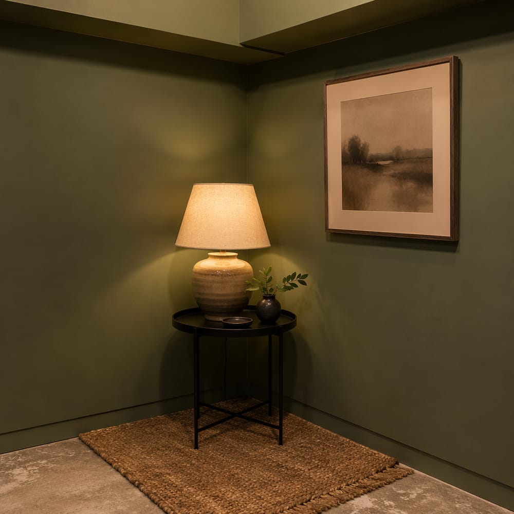 Angolo verde salvia con lampada ceramica e quadri