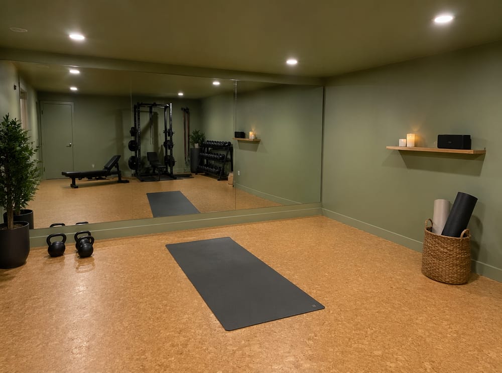 Spazio yoga salvia chiara con pavimento in sughero e soffitto a bozzolo