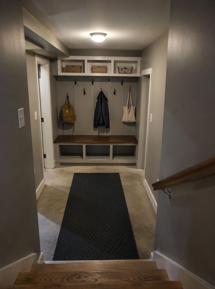 Ingresso mudroom grigio caldo con cubi bianchi sopra la panca