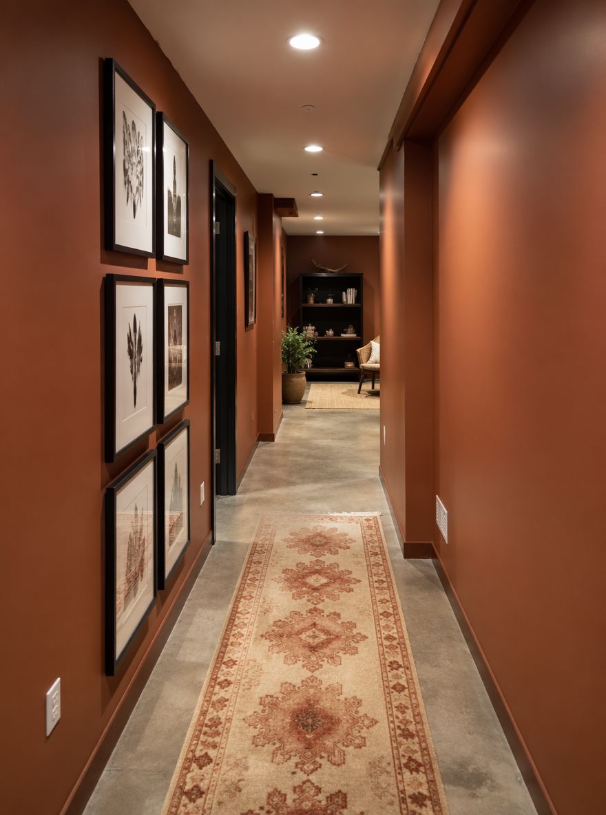 Corridoio terracotta con gallery wall e tappeto runner