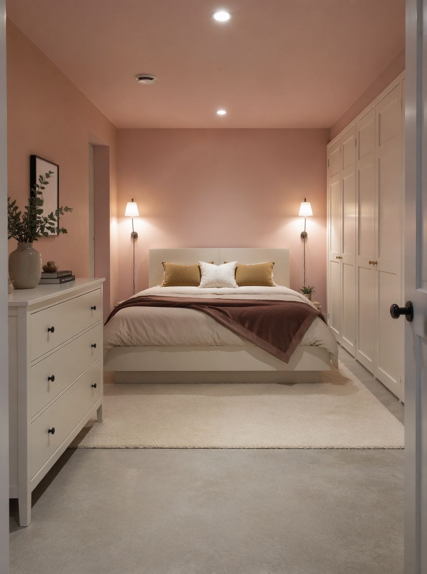 Soffitto e pareti rosa cipria in camera con soffitto basso