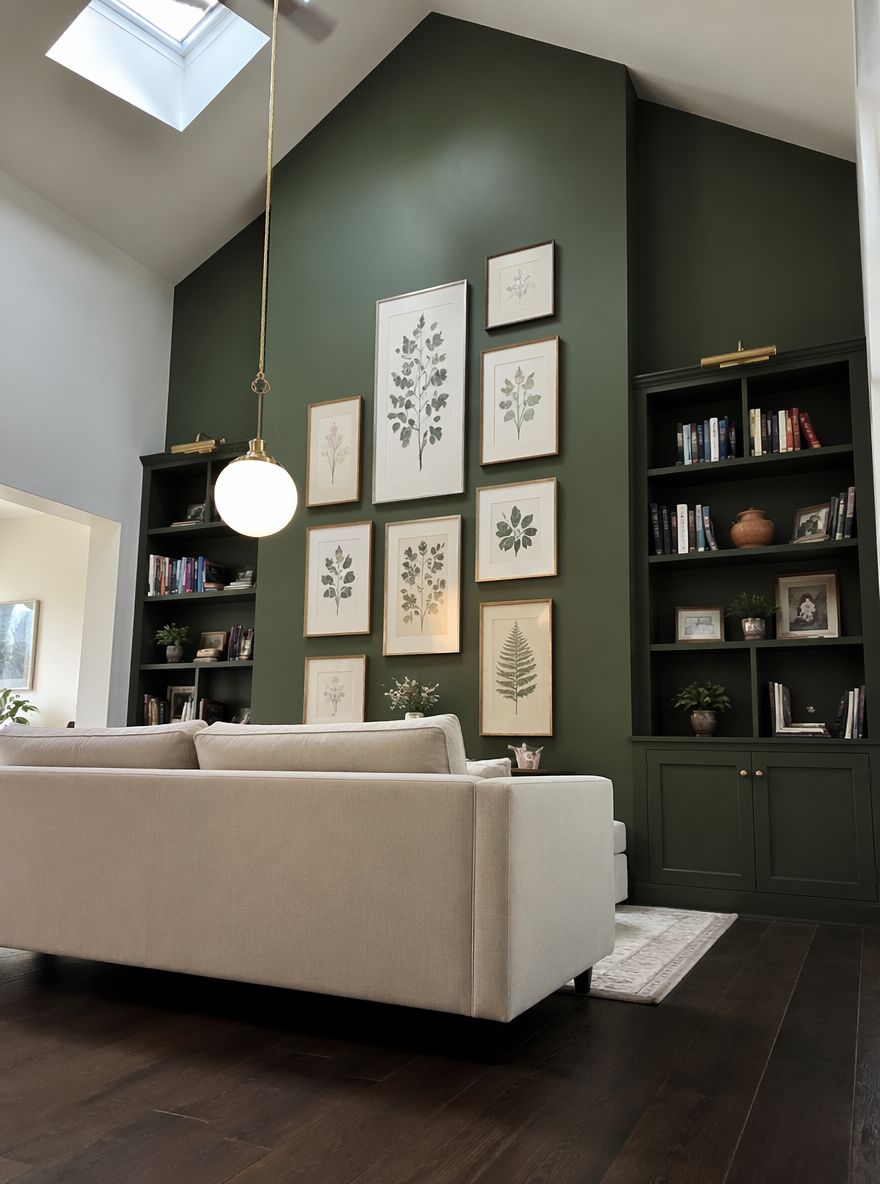 Muro de acento verde intenso con lámpara colgante de bronce