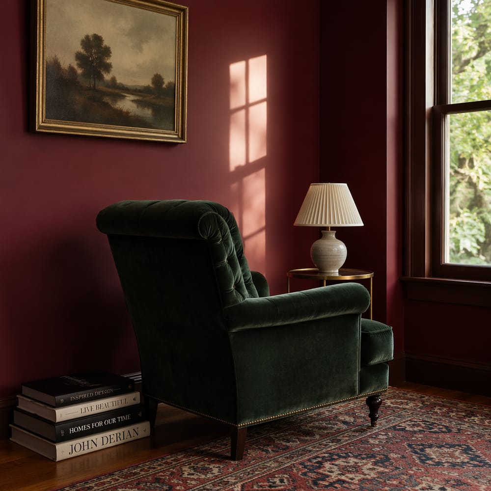 Rincón burdeos con sillón verde terciopelo