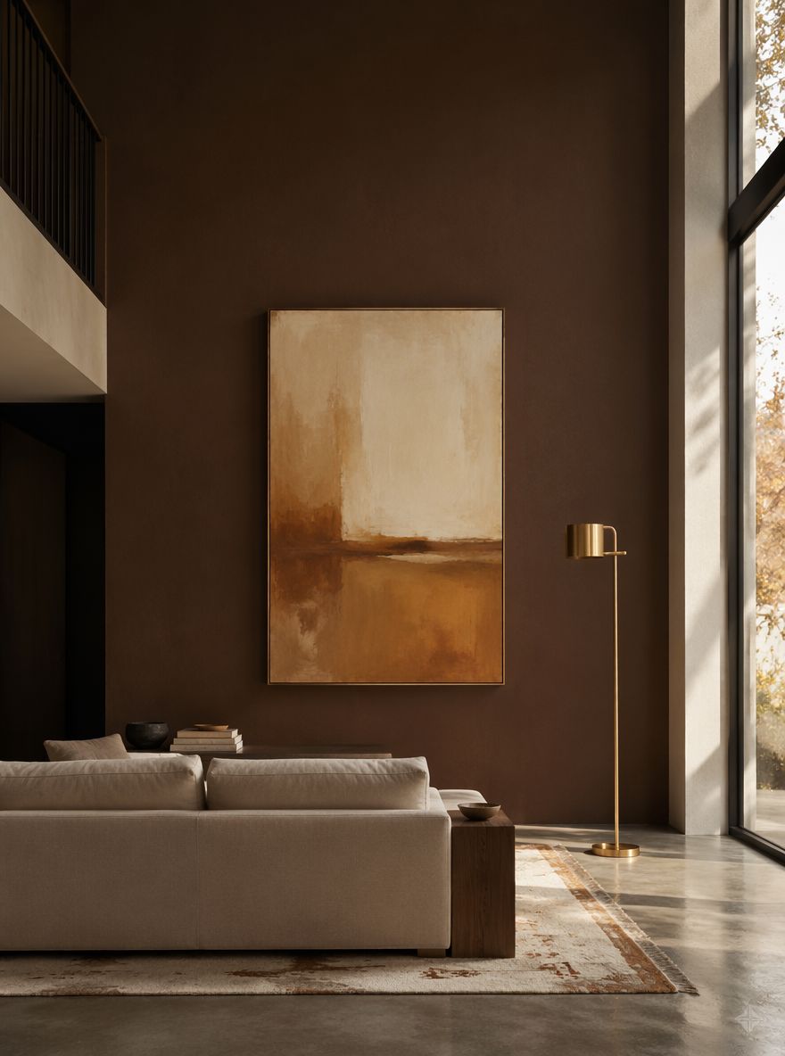 Pared marrón chocolate enmarcando cuadro ocre grande