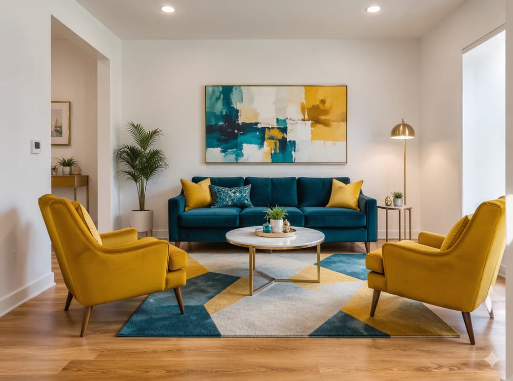 Paredes blancas con paleta de muebles teal y mostaza