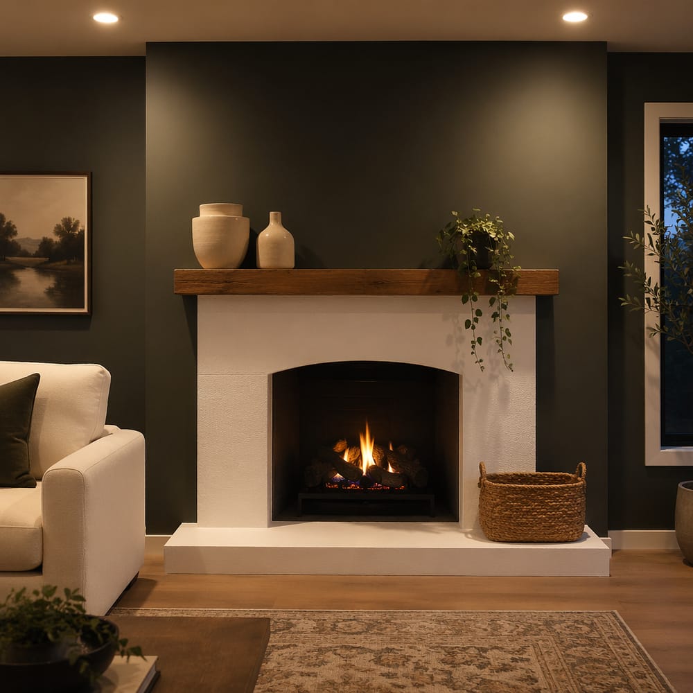 Pared de chimenea verde carbón con repisa cerámica decorada