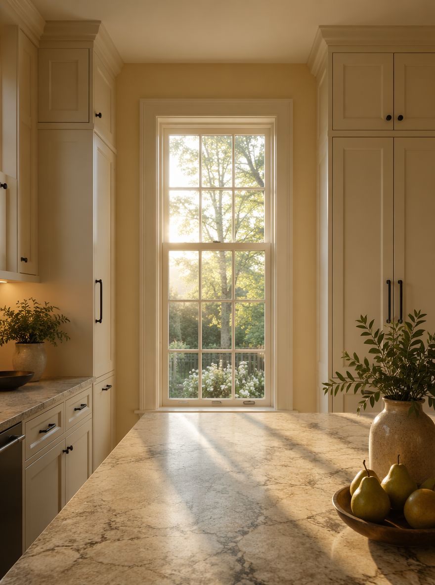 Gabinetes crema enmarcando una ventana alta de cocina