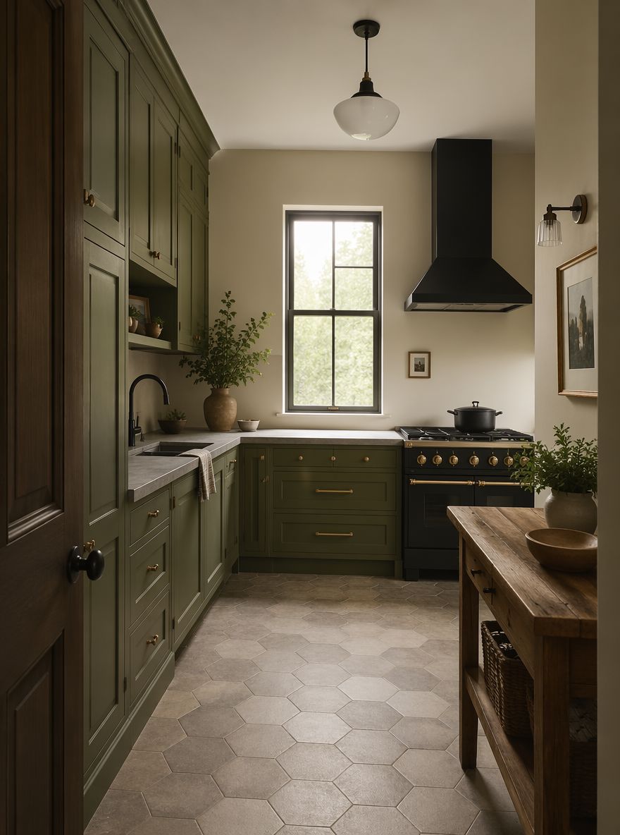 Gabinetes verde oliva junto a pared crema cálida
