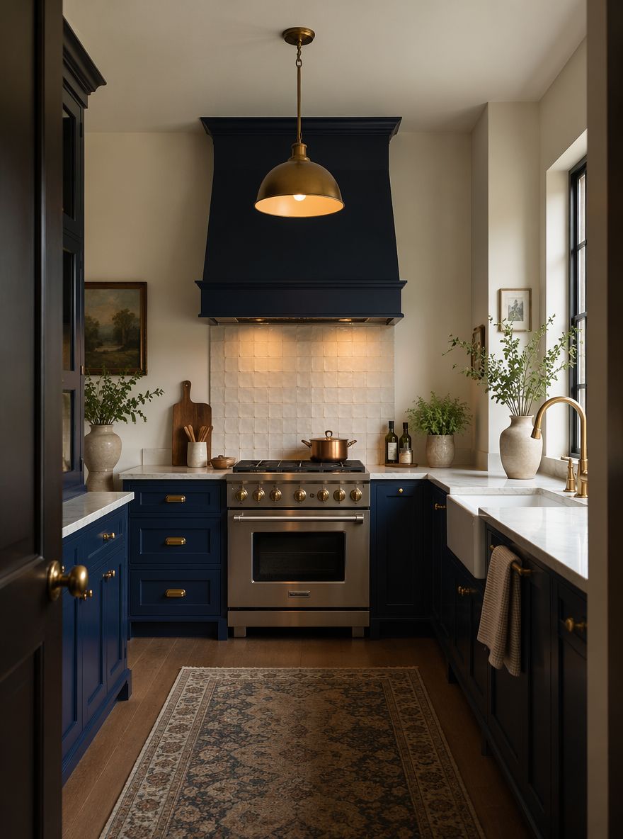 Pared de cocina azul marino con backsplash de azulejo zellige