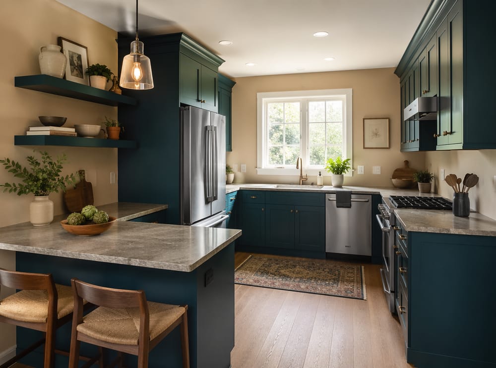 Gabinetes teal profundo en cocina en forma de U