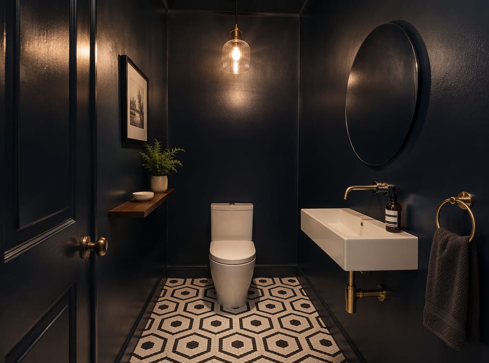 Bagno di servizio blu navy intenso con rubinetteria in ottone
