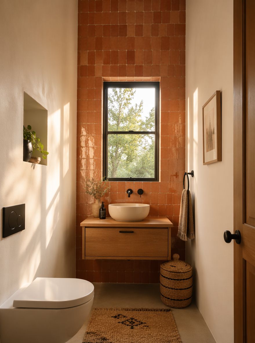 Piastrelle zellige terracotta illuminate dalla luce della finestra del pomeriggio