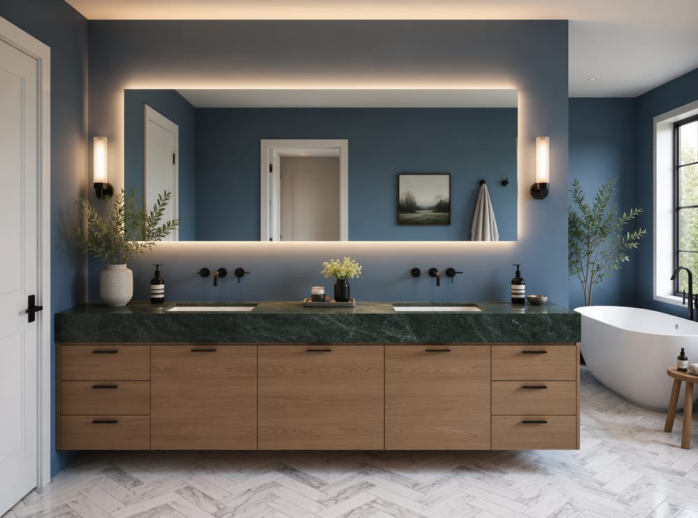 Pareti blu polvere accanto a un lavabo in marmo verde scuro