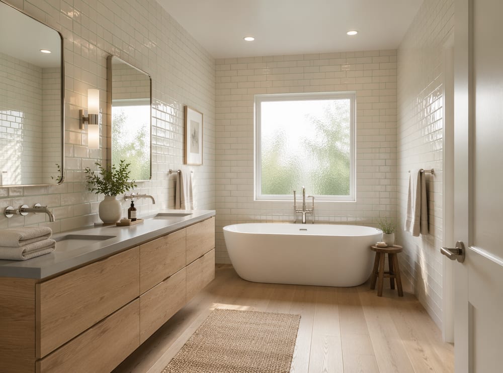 Fughe color salvia che addolciscono un bagno rivestito di piastrelle bianche