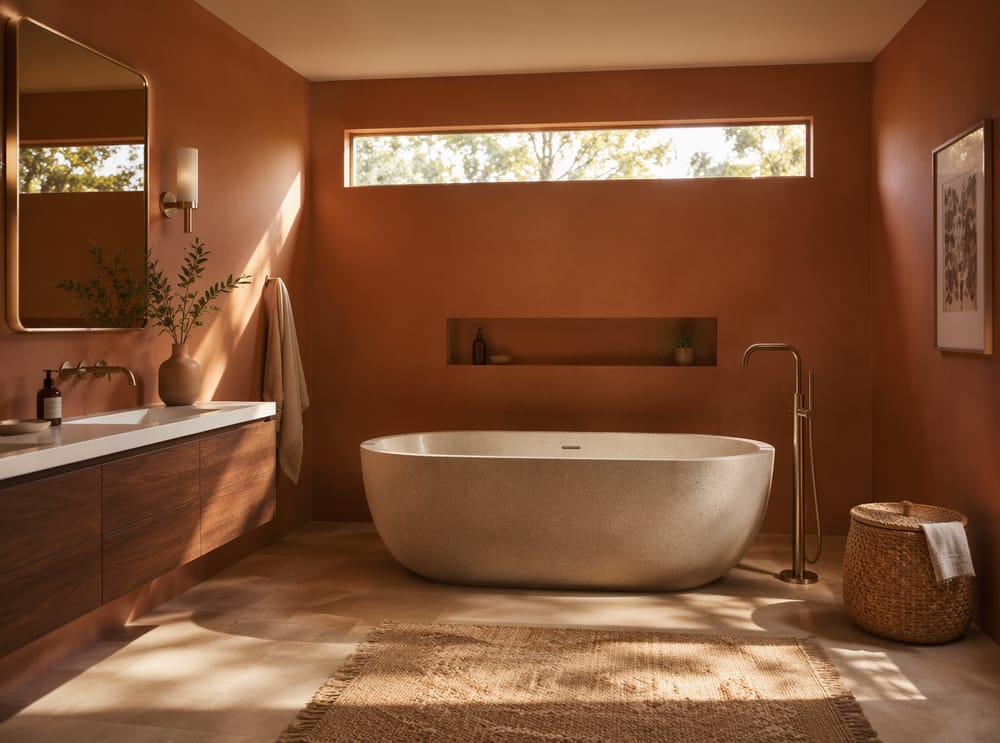 Pareti terracotta opache attorno a una vasca in resina effetto pietra