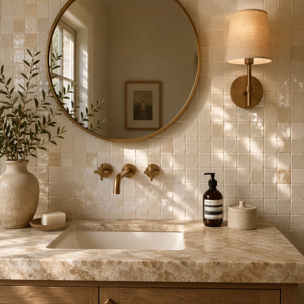 Parete in piastrelle zellige dietro piano lavabo in travertino