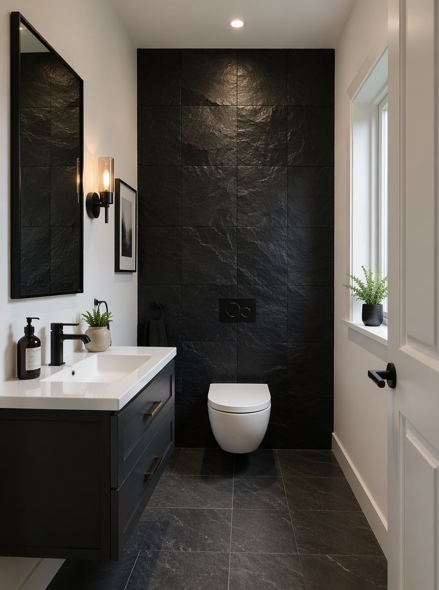 Parete d’accento in ardesia nera dietro il wc sospeso