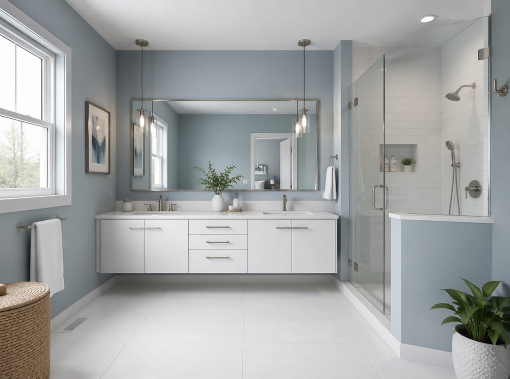 Pareti satin blu acciaio chiaro in bagno esposto a nord