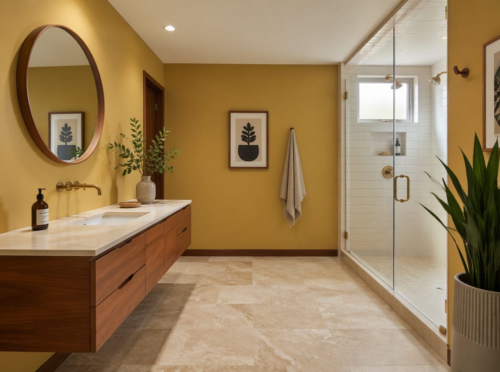 Vernice giallo senape tenue opaca con mobile lavabo in teak