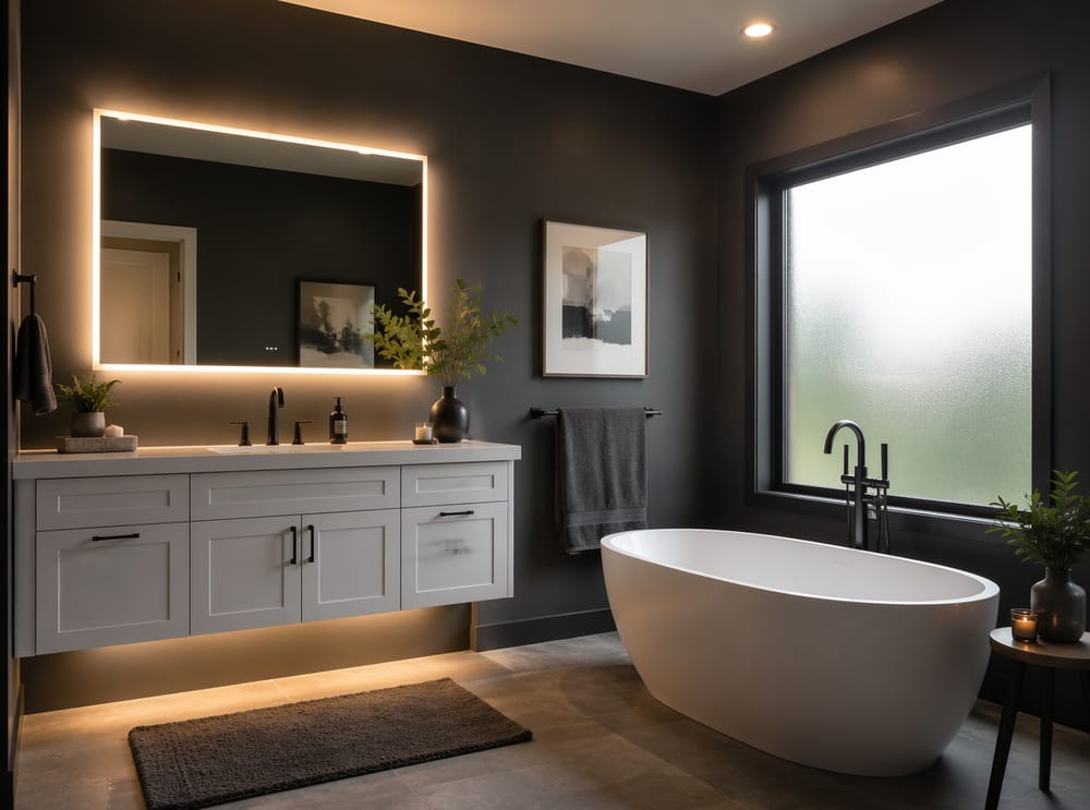 Pareti satin grigio antracite illuminate da luce LED e naturale stratificata