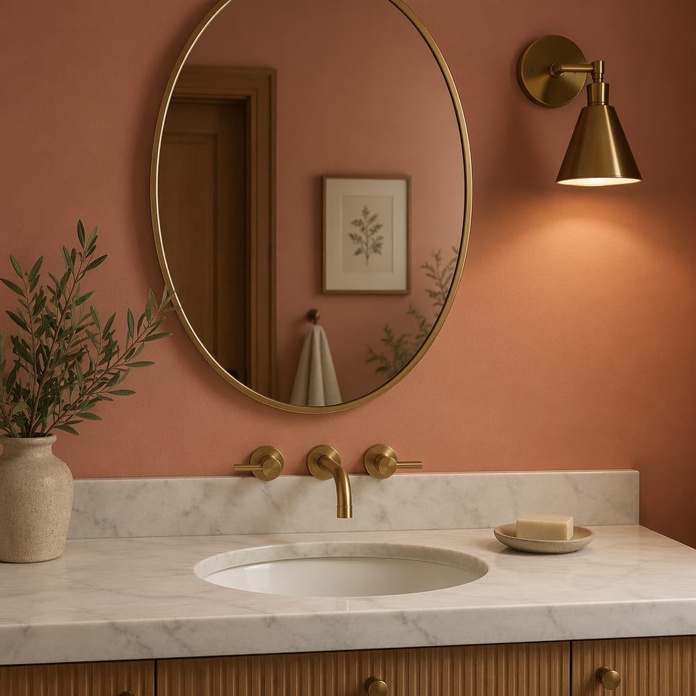 Vernice terracotta rosa opaca dietro uno specchio ovale con cornice dorata