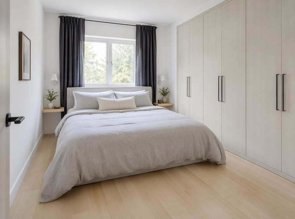 Cama bajo ventana libera espacio en dormitorio pequeño