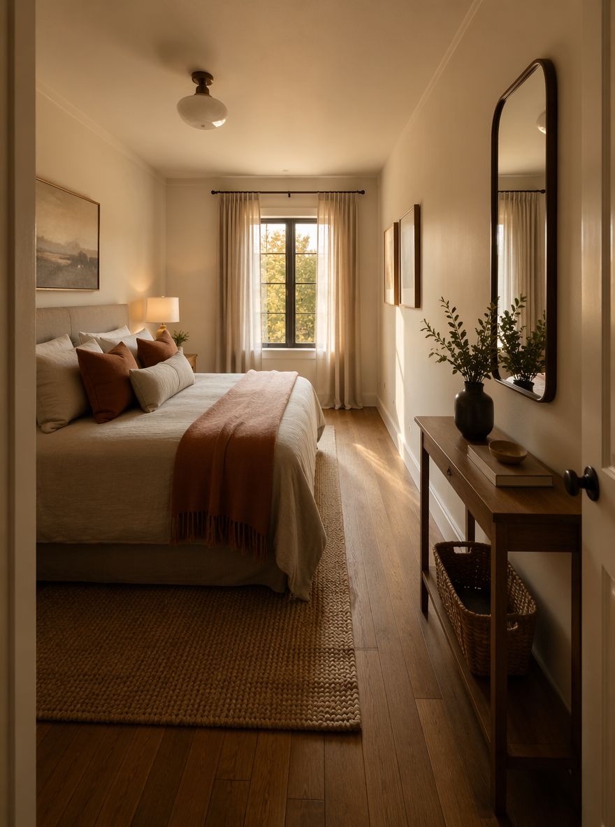 Cuarto estrecho, cama en pared larga, paso despejado