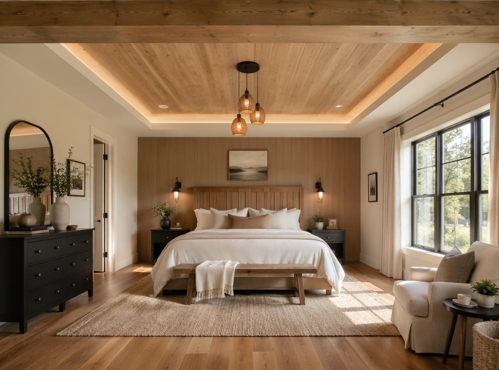Techo de bandeja revestido en madera de roble blanco sobre la cama
