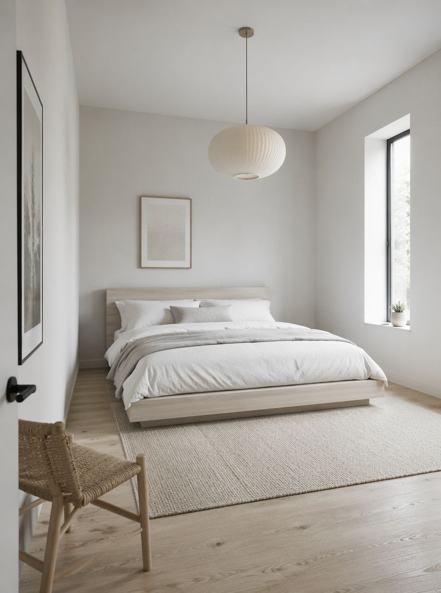 Kirli beyaz duvarlar ve minimal ağartılmış ahşap baza