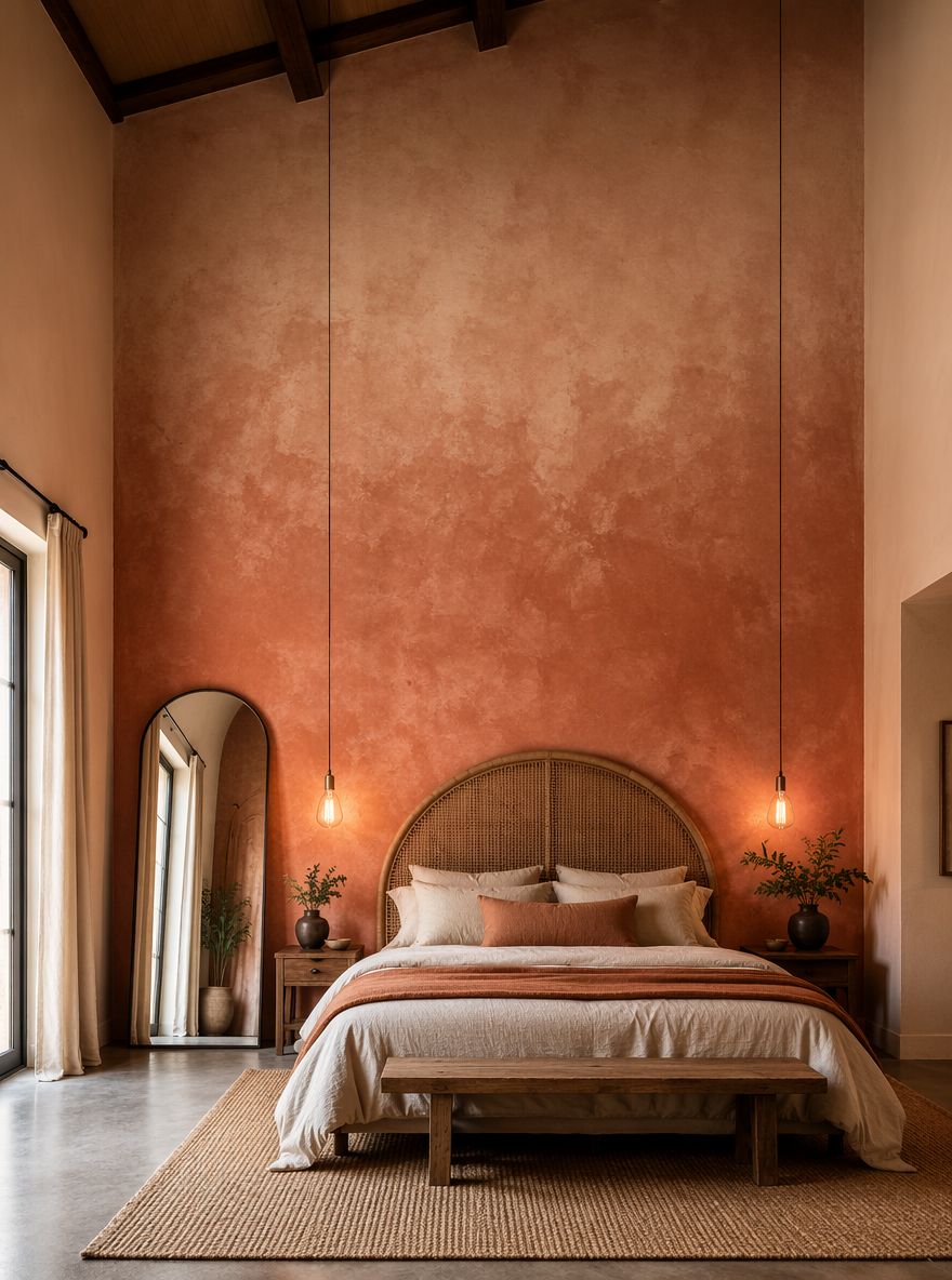 Terracotta limewash duvar ve kemerli rattan başlık