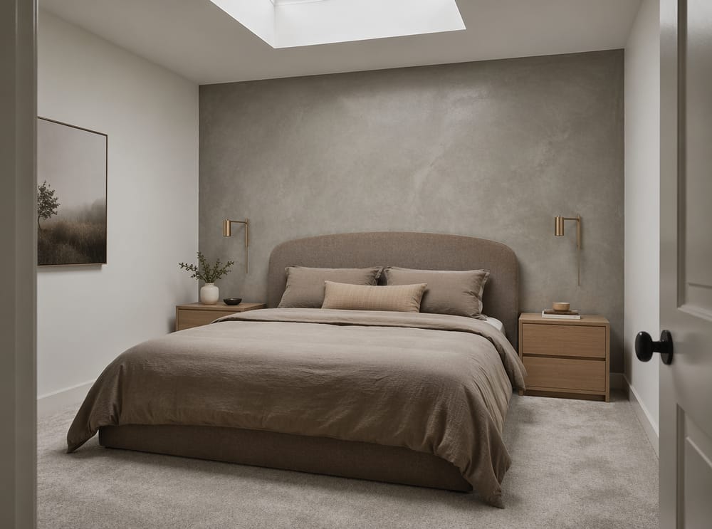 Kavisli taupe başlık ile mikro-cement vurgulu duvar