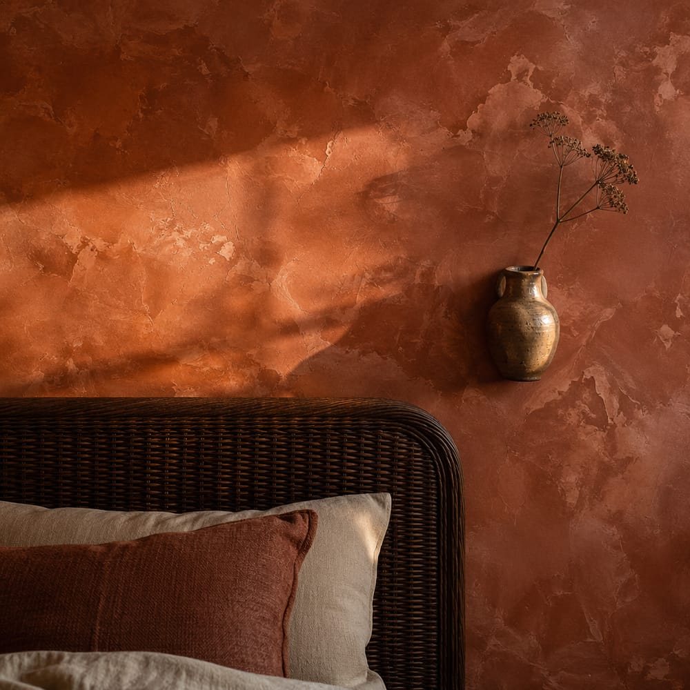 Terracotta sıva ve seramik duvar vazo detayı
